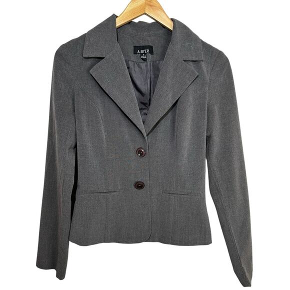 A Byer Womens Juniors Fitted 2 Button Blazer Jacket Gray Sz Small Career Office - Picture 1 of 11